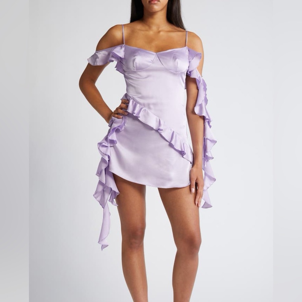 Mistress Rocks Asymmetric Ruffle Satin Minidress in Lavender.  Size Medium